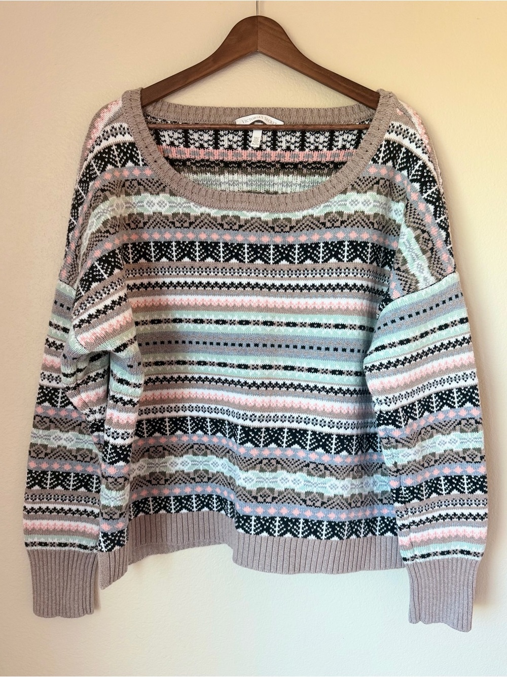 Victoria’s Secret Y2K Fair Isle Knit Sweater Pink & Mint Women’s Size XL